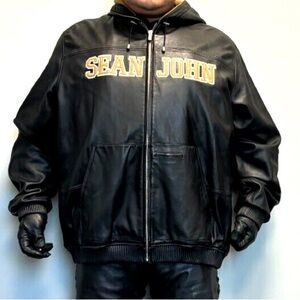 Sean John Black and Gold Hooded Leather Jacket